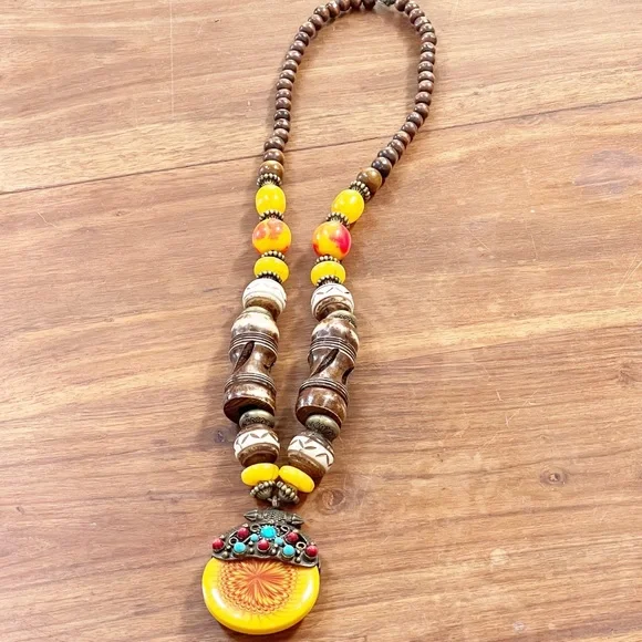 Vintage Sun Like Amazigh Amber & Bone Chunky Necklace - Picture 7 of 14